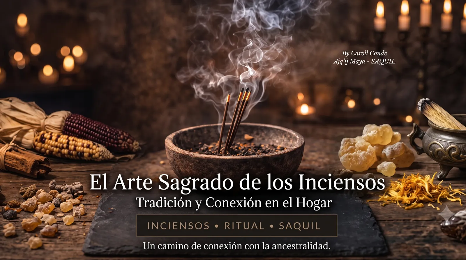 Portada del artículo El Arte Sagrado de los Inciensos: varillas de incienso encendidas en un cuenco de barro, rodeadas de resinas, mazorcas y velas.
